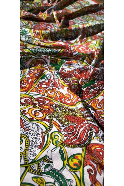 Premium Etnik Tibet Desenli Vual Ipek Cardion Şal Turuncu