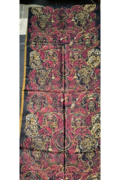 Premium Etnik Tibet Desenli Vual Ipek Cardion Şal Krmz-syh