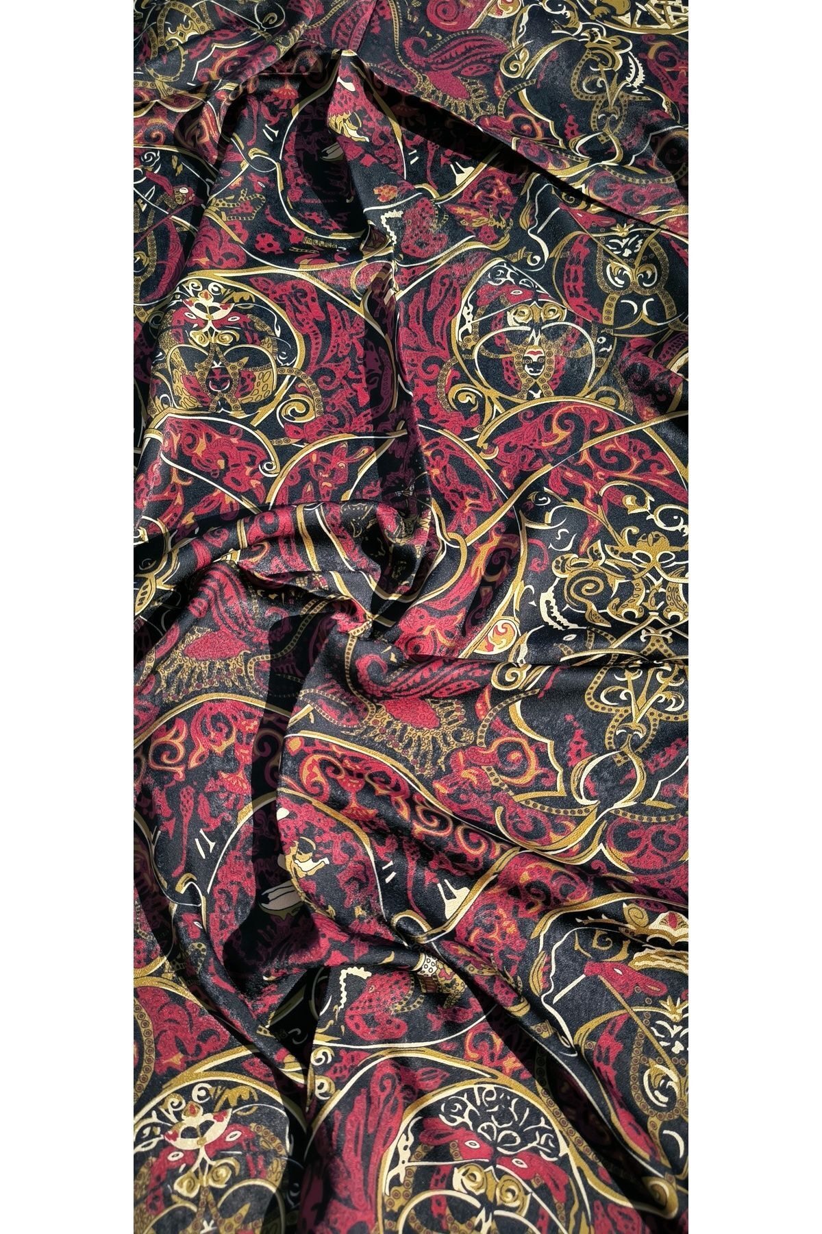 Premium Etnik Tibet Desenli Vual Ipek Cardion Şal Krmz-syh