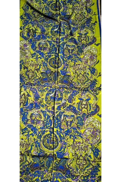 Premium Etnik Tibet Desenli Vual Ipek Cardion Şal S.mavi