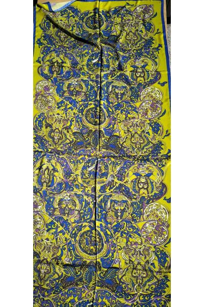 Premium Etnik Tibet Desenli Vual Ipek Cardion Şal S.mavi
