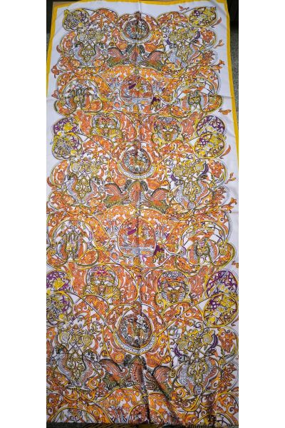 Premium Etnik Tibet Desenli Vual Ipek Cardion Şal Sarı-turuncu