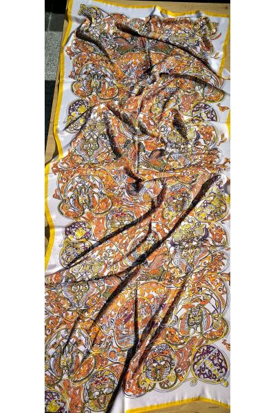 Premium Etnik Tibet Desenli Vual Ipek Cardion Şal Sarı-turuncu