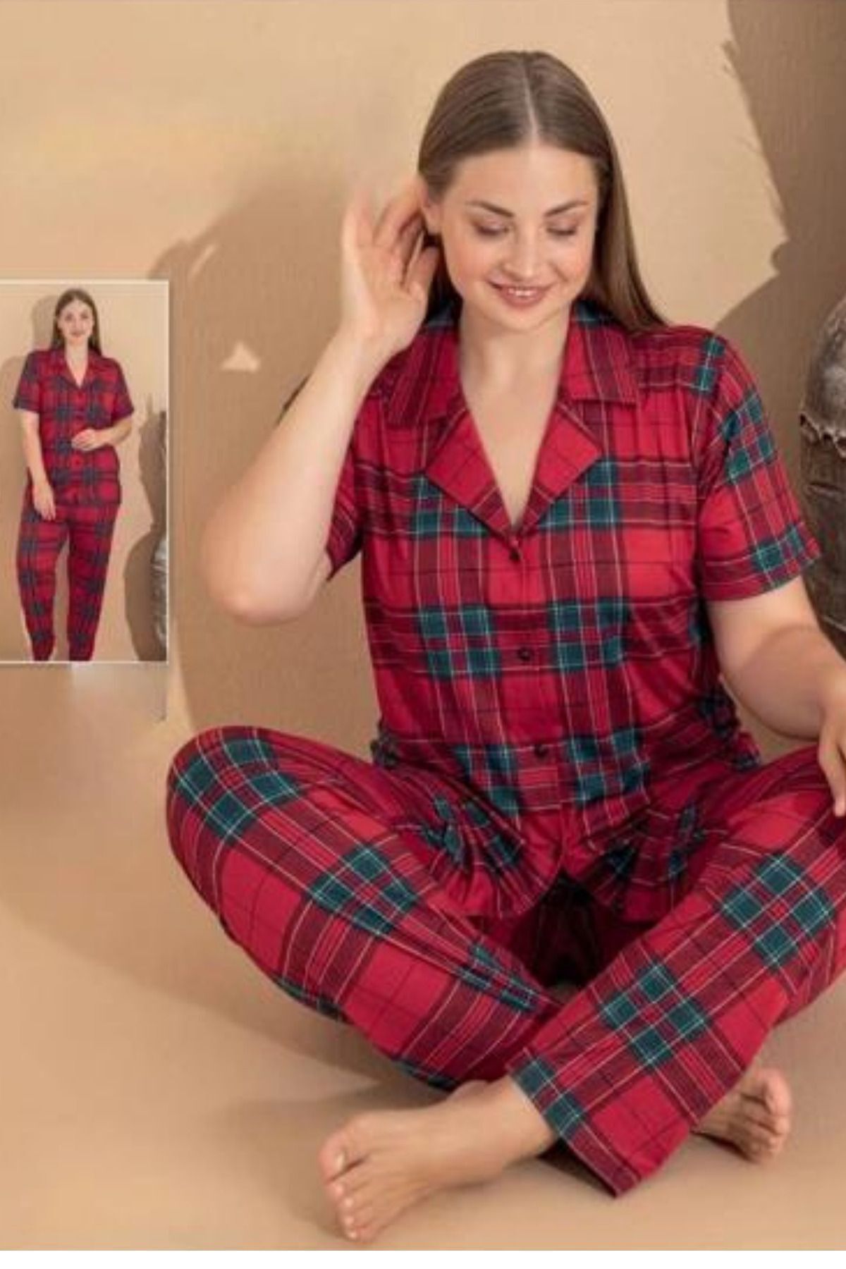 BABİ SHOP Milan Büyük Beden Boydan Düğmeli Ekose Kısa Kol Ince Pijama Takımı