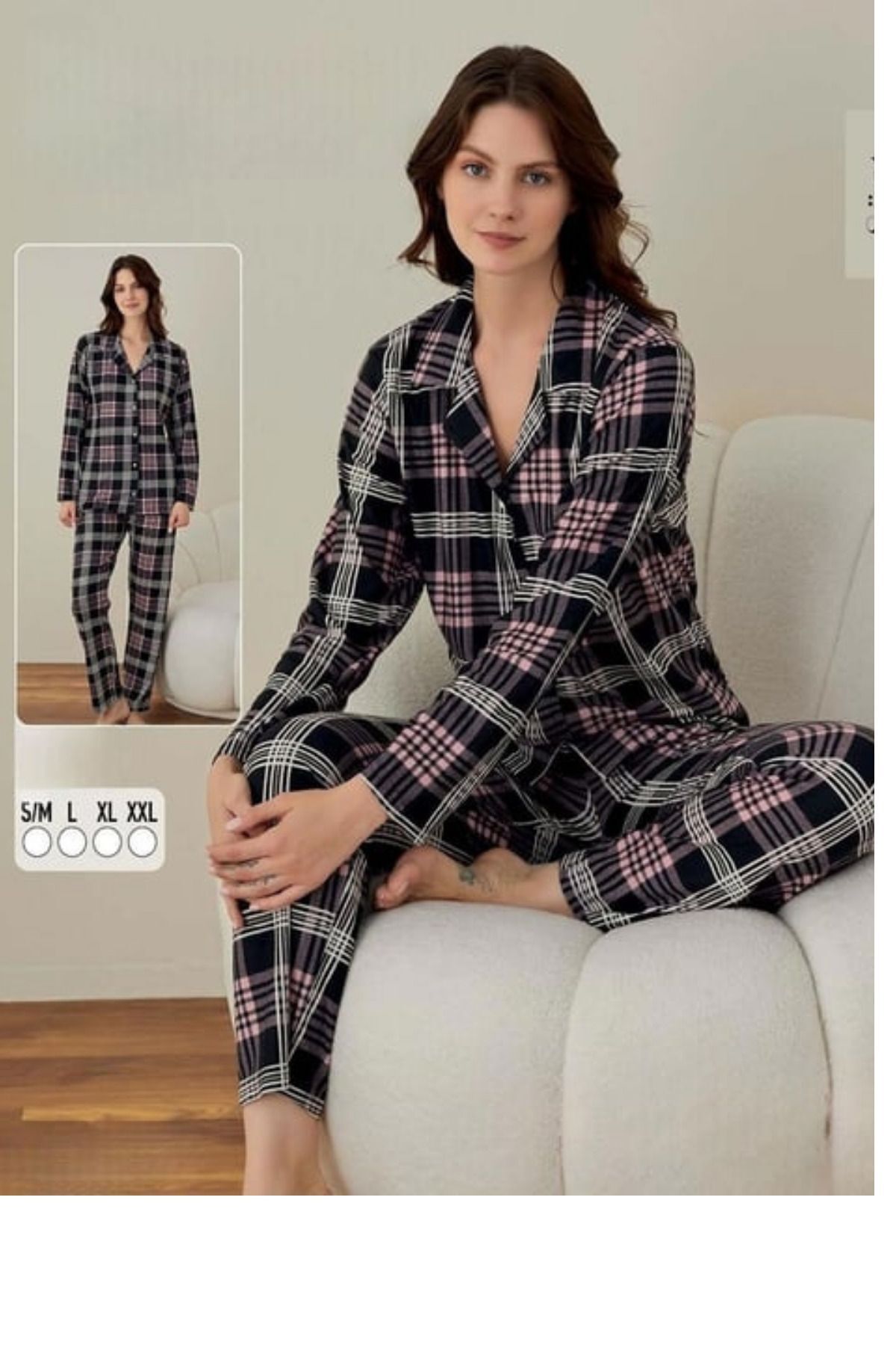 BABİ SHOP UZUN KOLLU KADİFE SÜET EKOSE PİJAMA TAKIMI