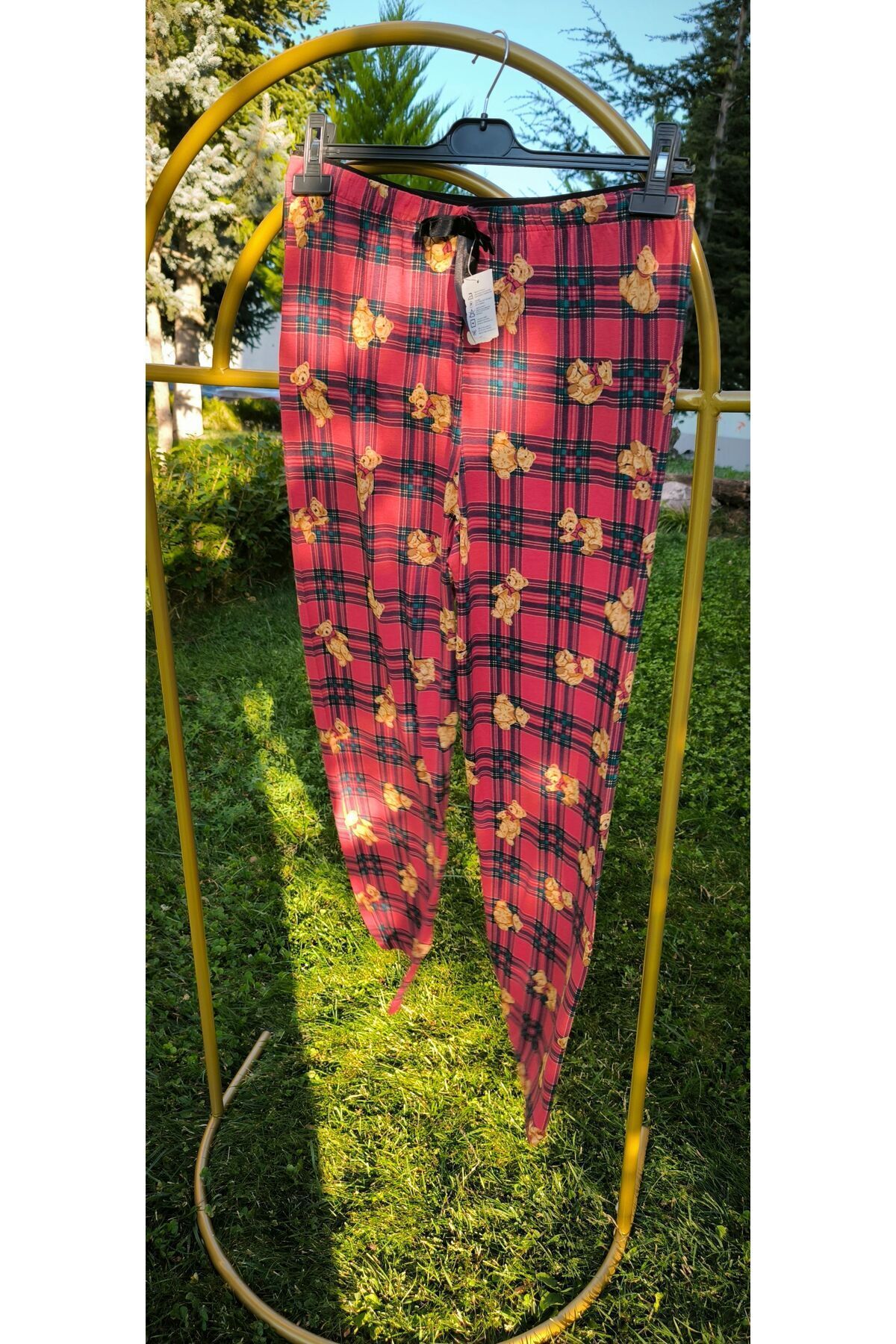Ayıcıklı Ekose Desenli Premium Kalite Viskon Pijama Altı Kadın