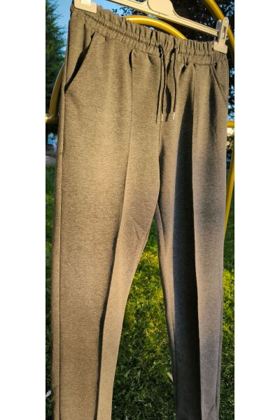 Beli Lastikli Cepli Kordonlu Önü Nervür Dikişli Unisex Eşofman Altı Koyu Gri