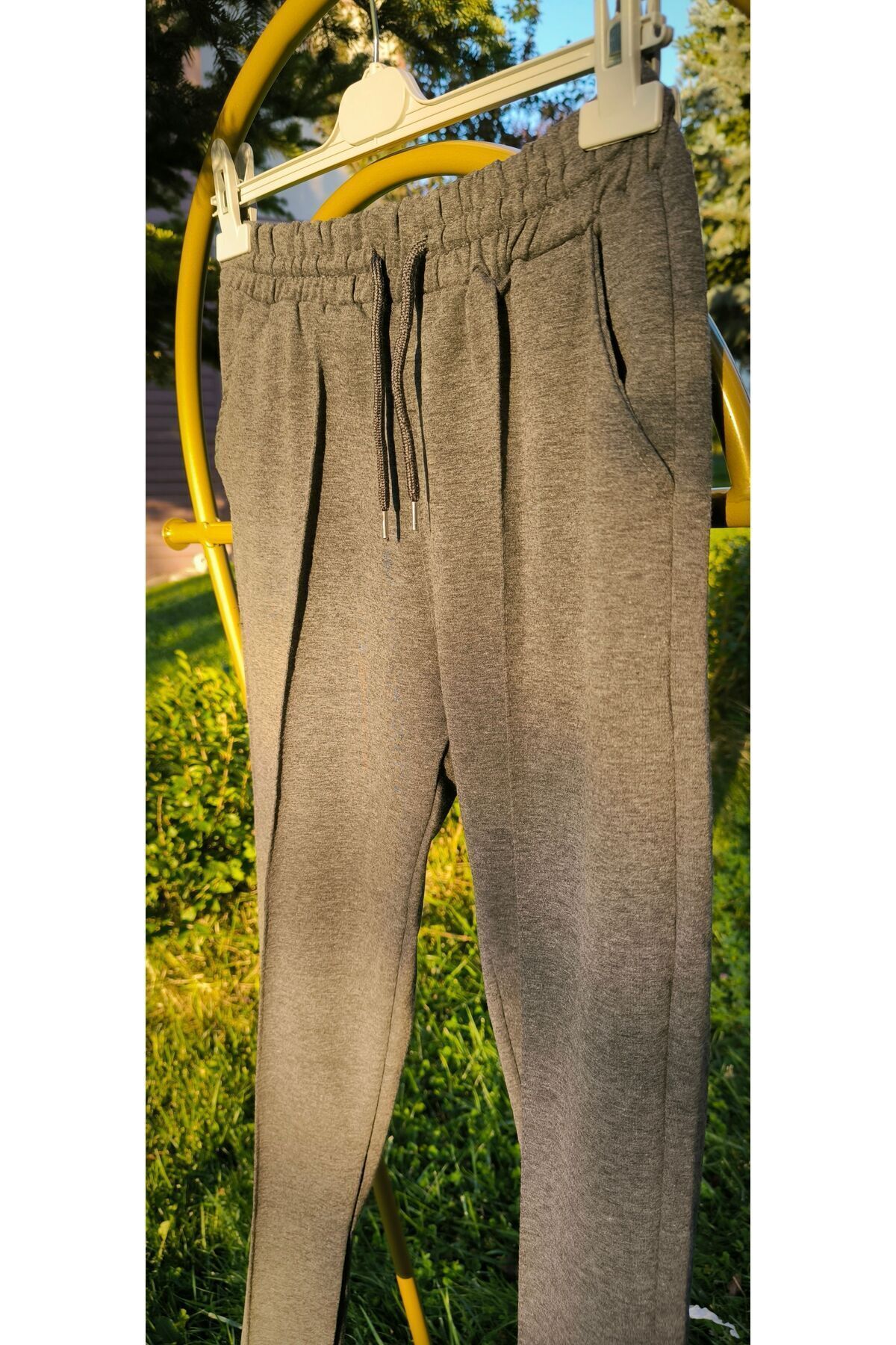 Beli Lastikli Cepli Kordonlu Önü Nervür Dikişli Unisex Eşofman Altı Koyu Gri