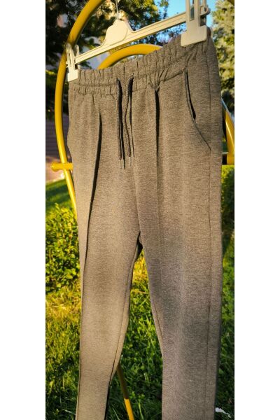 Beli Lastikli Cepli Kordonlu Önü Nervür Dikişli Unisex Eşofman Altı Koyu Gri