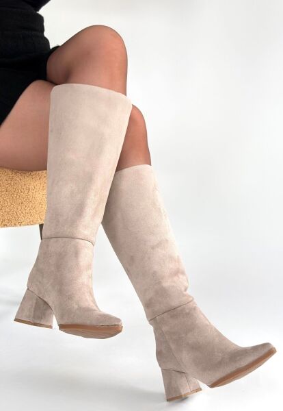 Roksa Bej Süet Topuklu Çizme