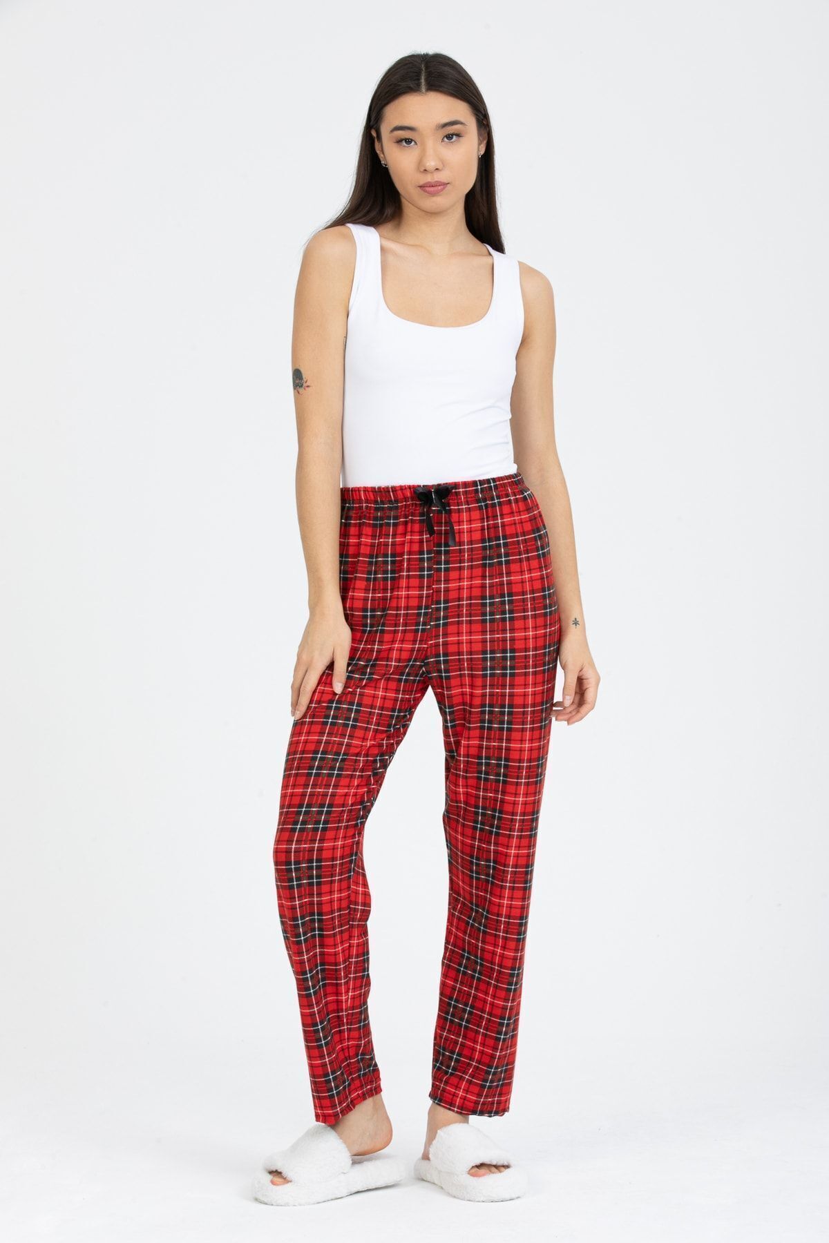 Ekose Desenli Kadife Pijama Alt Kadın