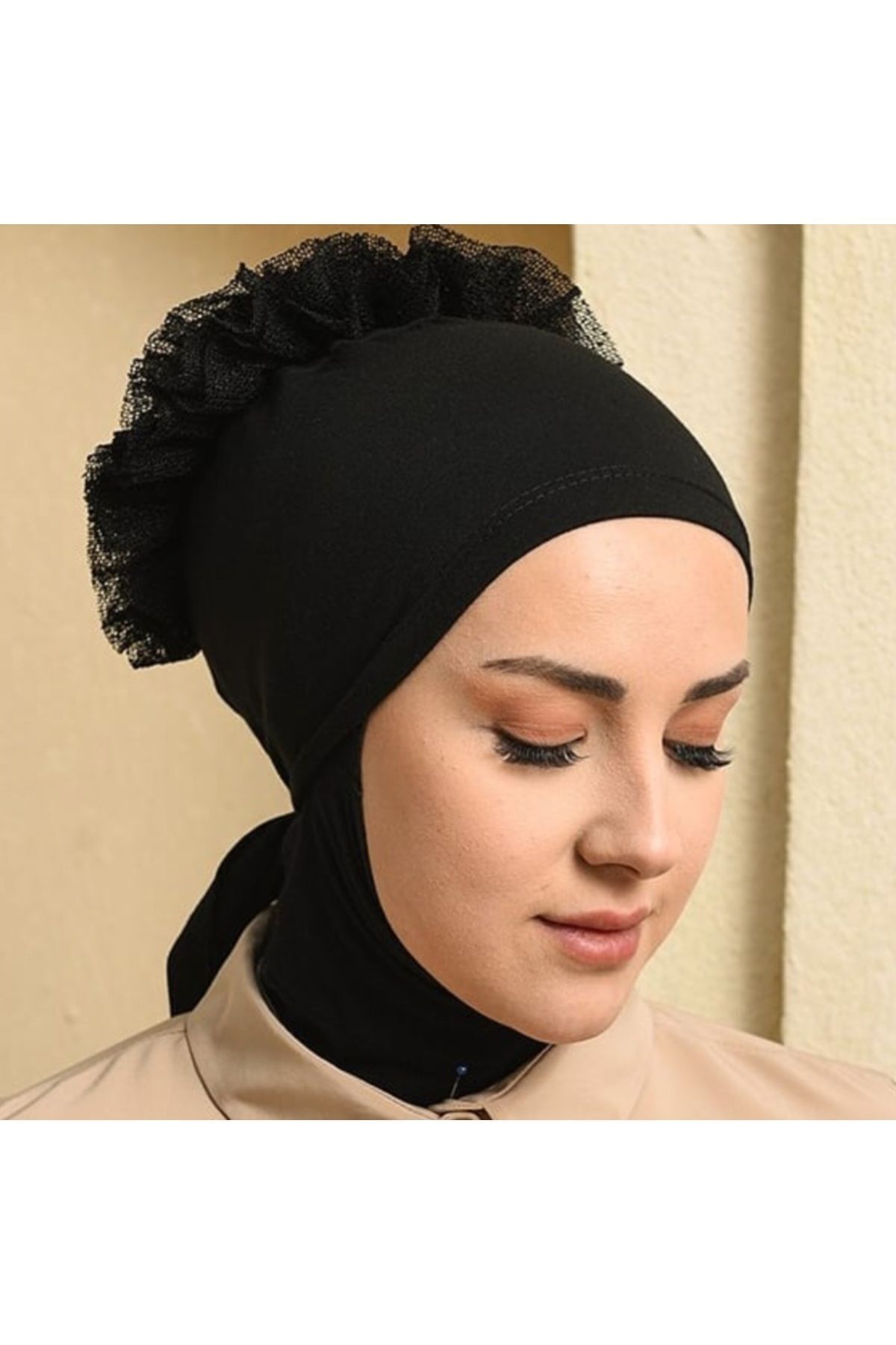Pamuklu Kumaş Önü Dikişli Fırfırlı Kaymayan Bone Siyah