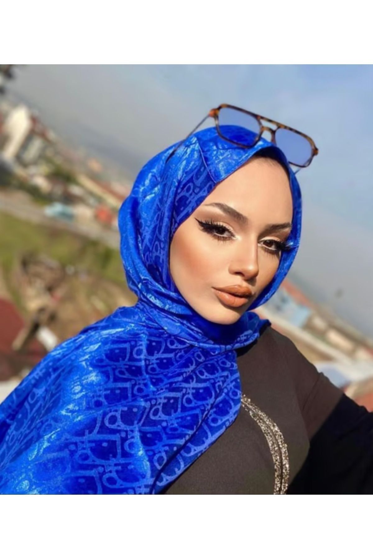 Kadın Tesettür Ipeksi Parlak Jakar D Desen Şal*saks Mavi