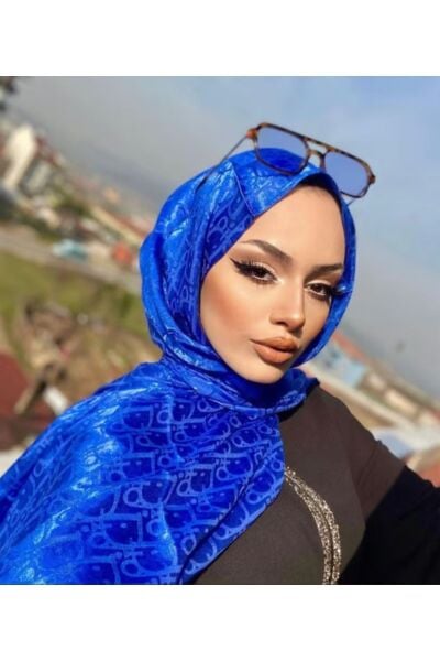 Kadın Tesettür Ipeksi Parlak Jakar D Desen Şal*saks Mavi
