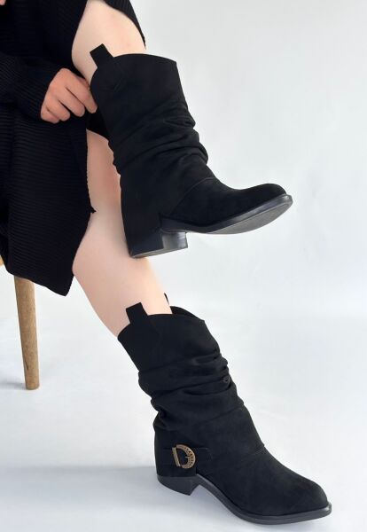 Canty Siyah Süet Körüklü Topuklu Çizme