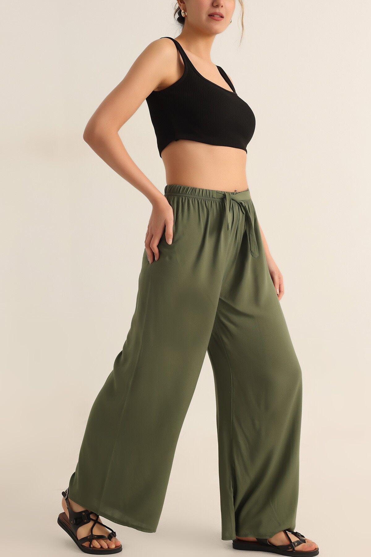 DOKUMA VİSKON LASTİKLİ PALAZZO CEPLİ  PANTOLON