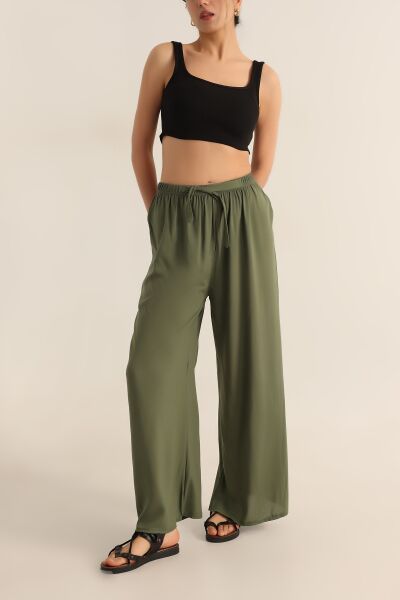 DOKUMA VİSKON LASTİKLİ PALAZZO CEPLİ  PANTOLON