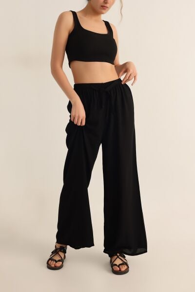 DOKUMA VİSKON LASTİKLİ PALAZZO CEPLİ  PANTOLON