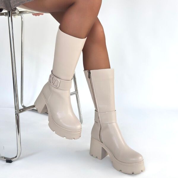 Moki Bej Cilt Topuklu Çizme