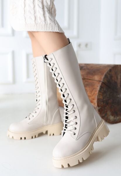 FRESCO SCAFRS Bej Cilt Bağcıklı Çizme 256023