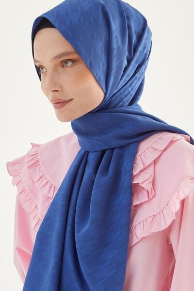 Kadın Tesettür Ipeksi Jakar Kazayağı Desen Şal*indigo