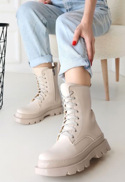 FRESCO SCARFS Bej Cilt Bağcıklı Bot 250550