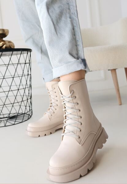 FRESCO SCARFS Bej Cilt Bağcıklı Bot 250550