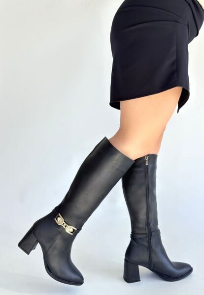 Mooni Siyah Cilt Topuklu Çizme