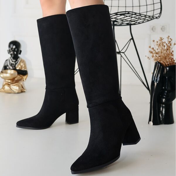 Roksa Siyah Süet Topuklu Çizme